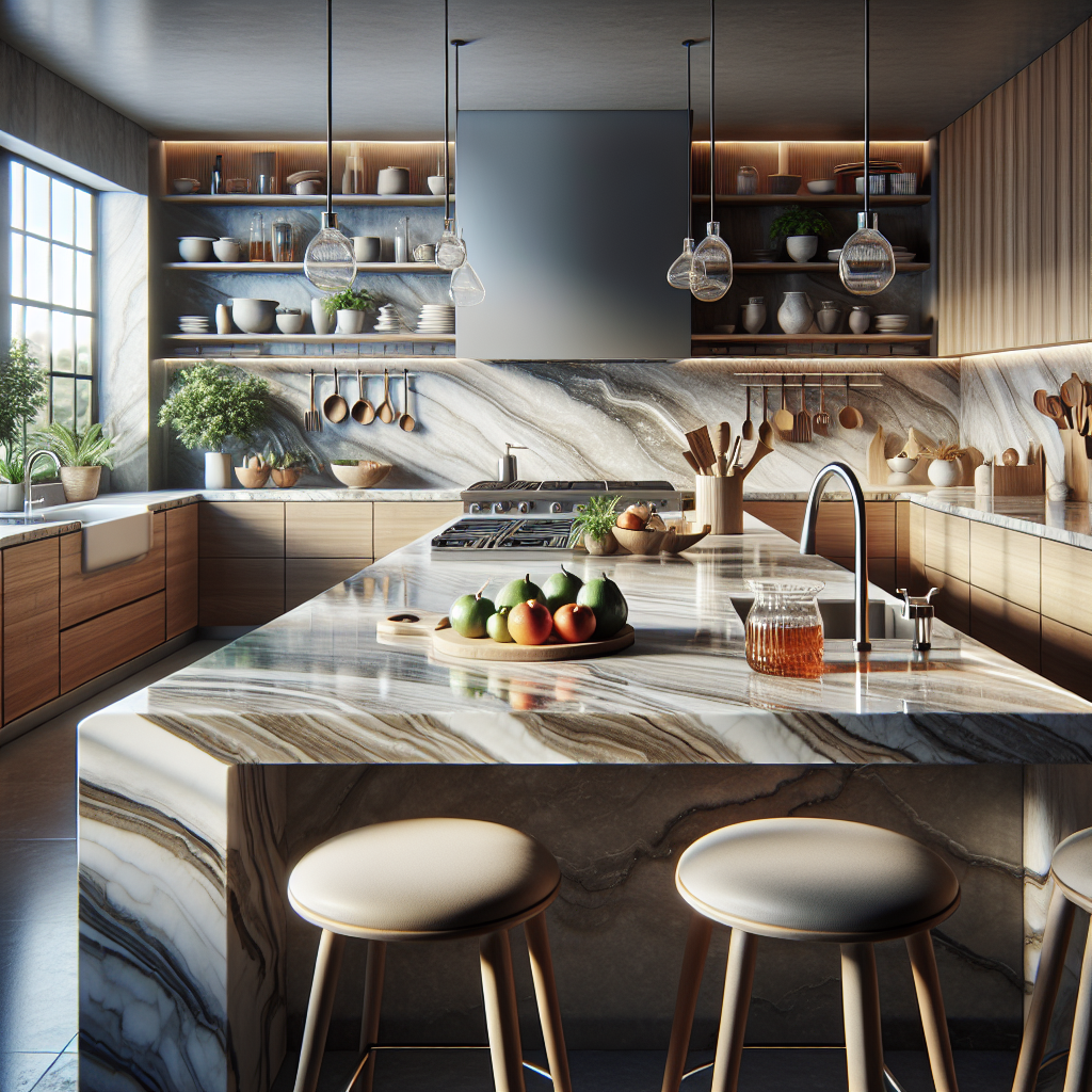 A modern kitchen with a reflective quartz countertop, displaying durability and design flexibility in an eco-friendly setting, with natural lighting and no visible wear.