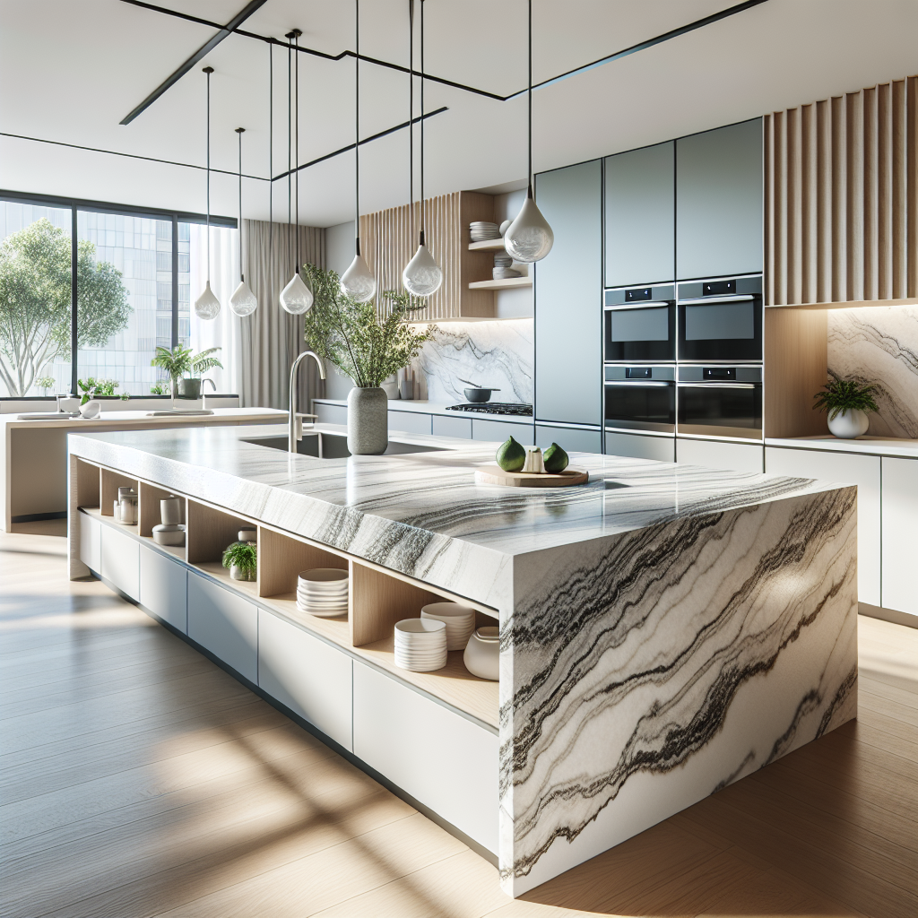 Modern kitchen with a clean and durable quartz countertop on a central island, demonstrating the versatility and eco-friendly aspects of quartz in a well-lit, balanced composition.