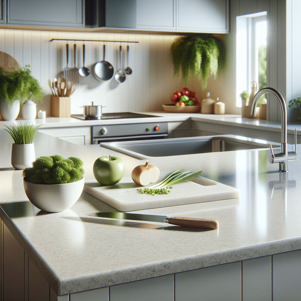 Realistic kitchen interior highlighting the durability and clean appearance of a light-colored quartz countertop with kitchen utensils and vegetables on top, reflecting its non-porous and polished surface in a bright, modern setting with greenery in the background.