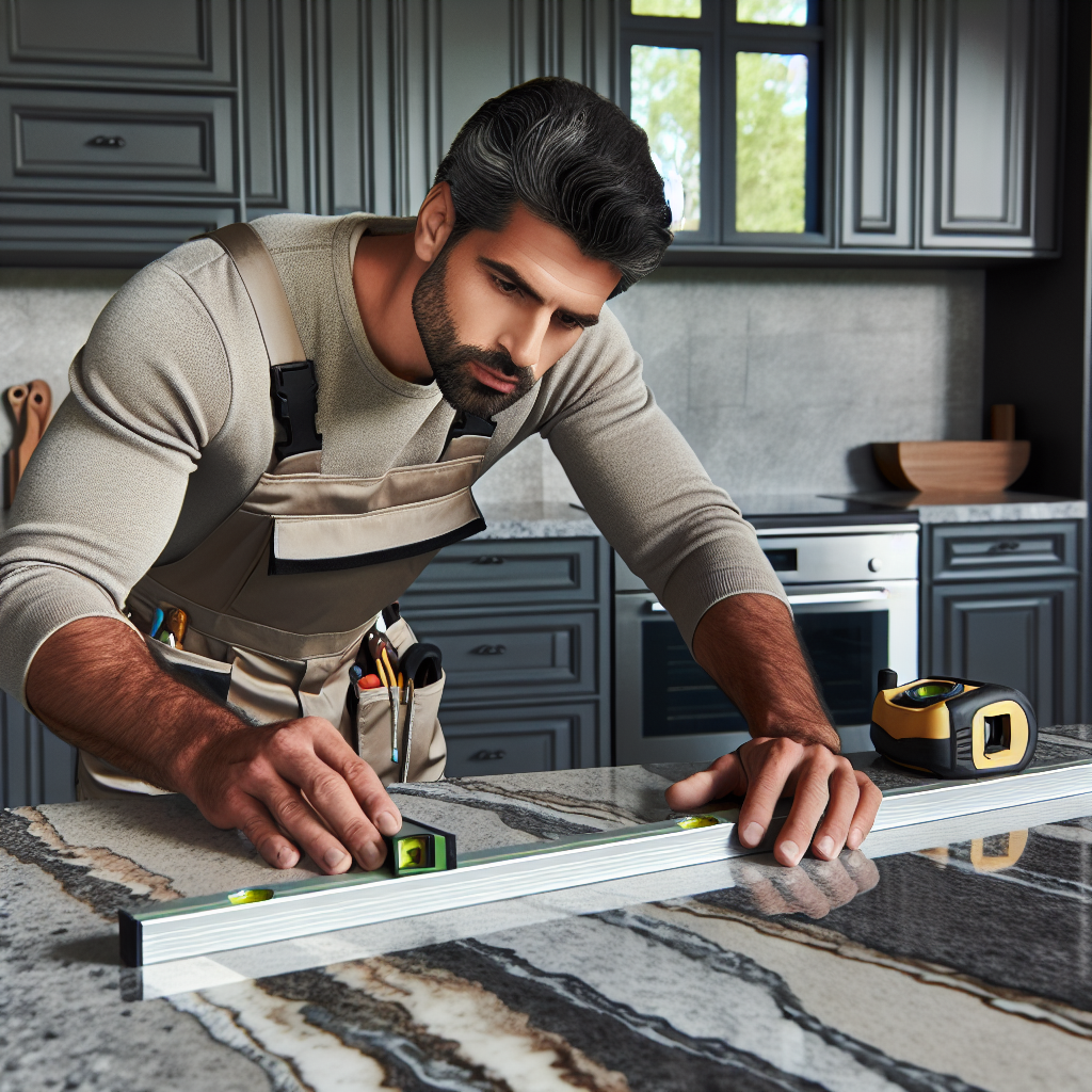 Professional kitchen countertop installation with a craftsman adjusting a granite countertop.