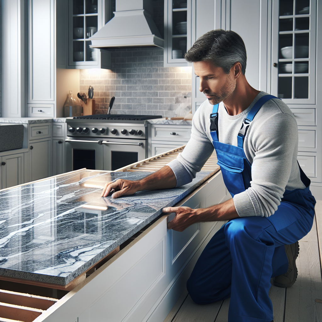 A professional installer fitting a high-grade granite countertop in a modern kitchen.