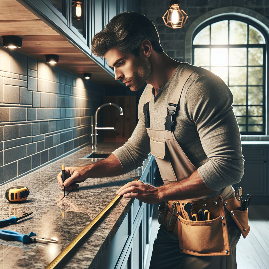 A professional installing a granite kitchen countertop, demonstrating expertise and precision.