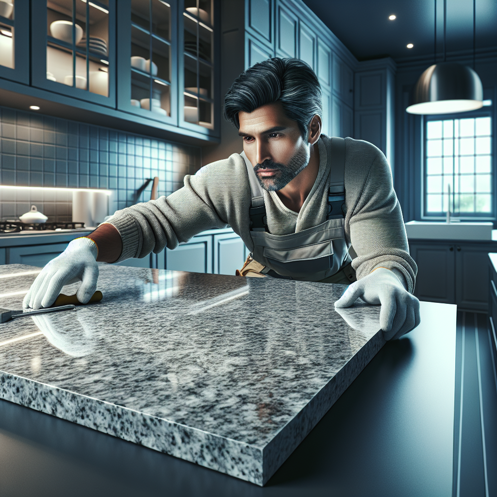 Professional installer positioning a polished granite countertop in a modern kitchen.