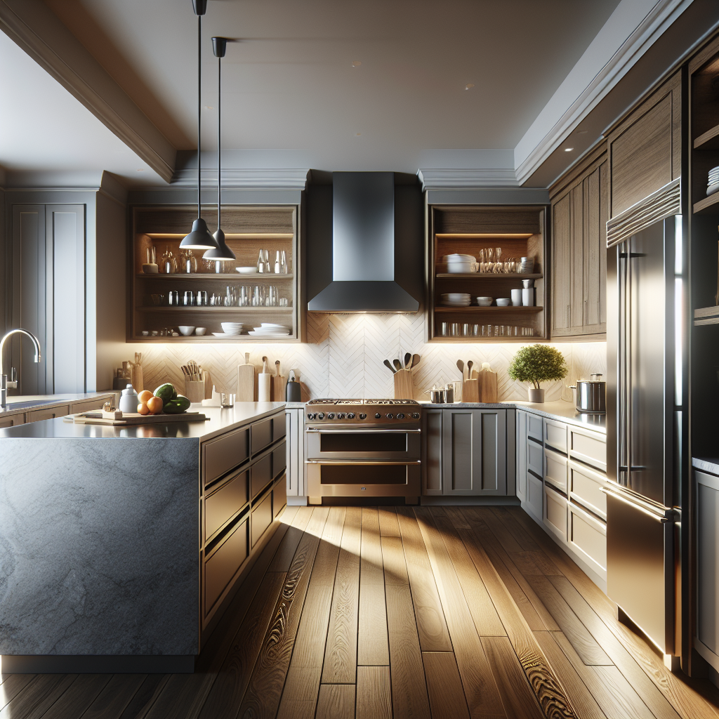 A modern kitchen with professionally installed granite, porcelain, and quartz countertops, demonstrating quality craftsmanship and high-grade materials.