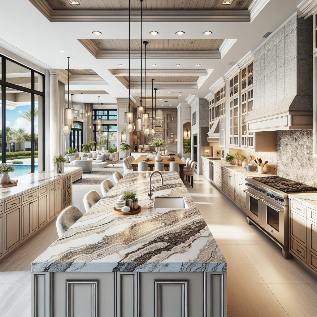 A high-end kitchen in Florida, highlighting luxurious countertops made from granite, porcelain, and quartz.