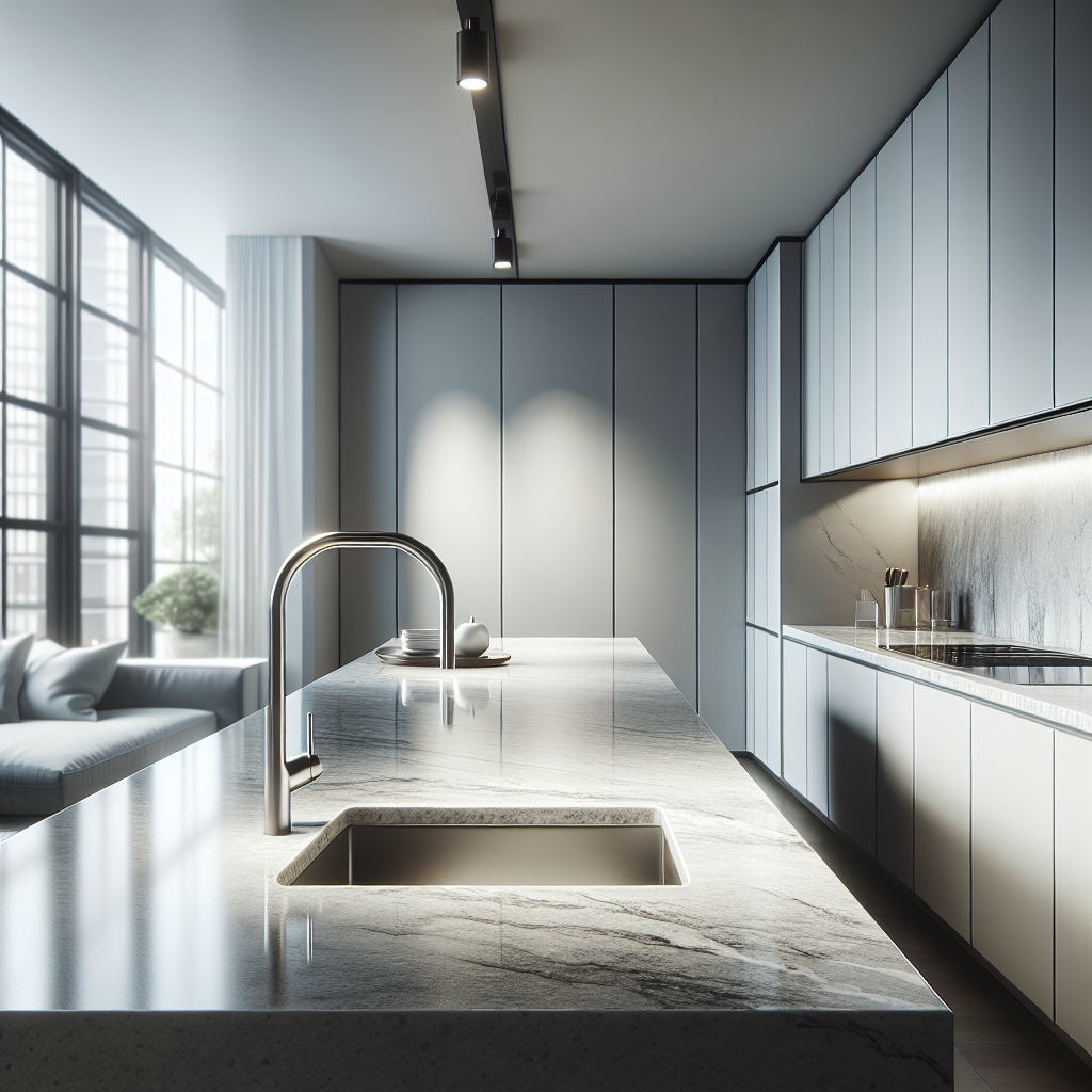 Close-up of a modern kitchen with quartz countertops displaying their smooth, pristine surface.