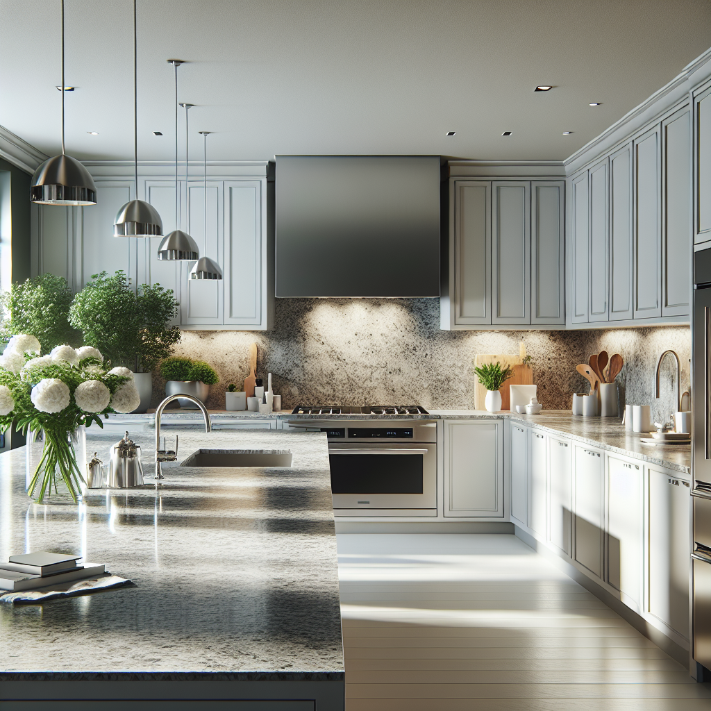 A modern kitchen with durable, non-porous quartz countertops in various styles and colors.