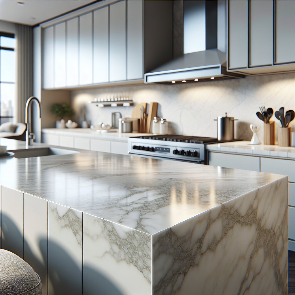 A modern kitchen showcasing elegant quartz countertops with a smooth, polished surface, sleek cabinets, and stainless steel appliances.