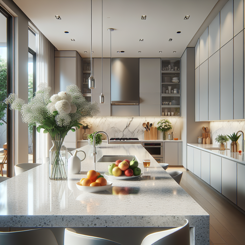 A modern kitchen with smooth, glossy quartz countertops in light colors.