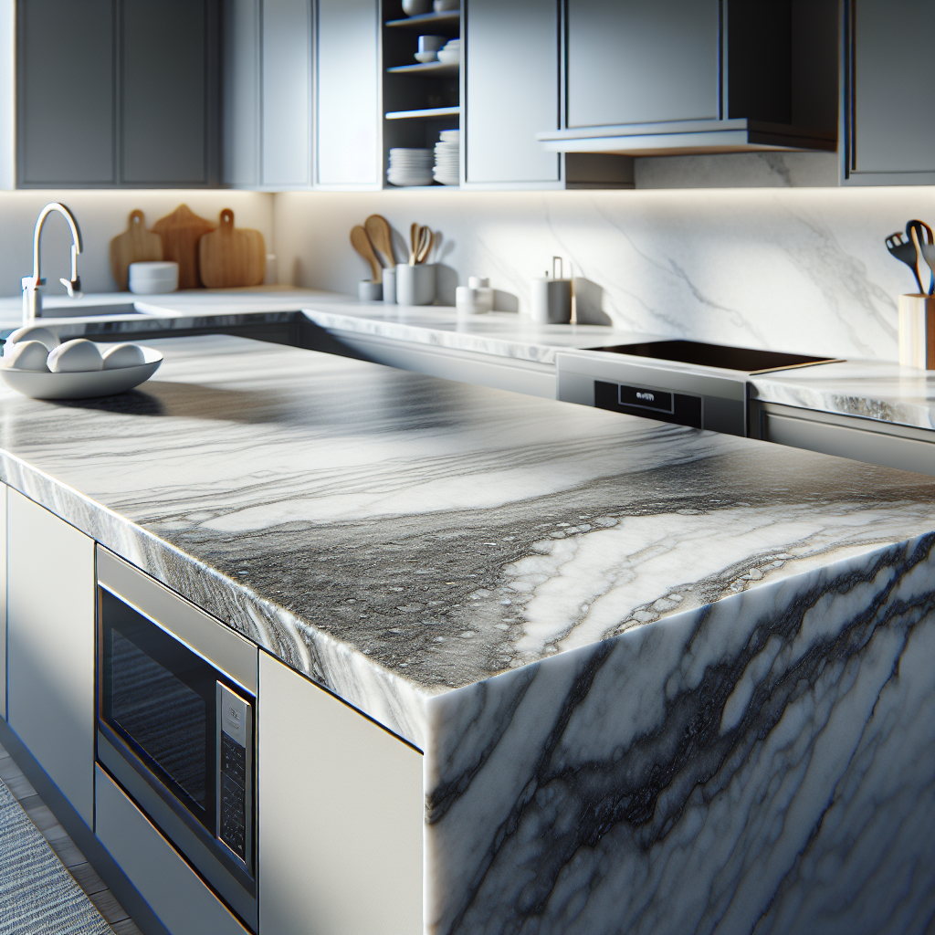 A modern kitchen with durable, low-maintenance quartz countertops in a subtle stone pattern.