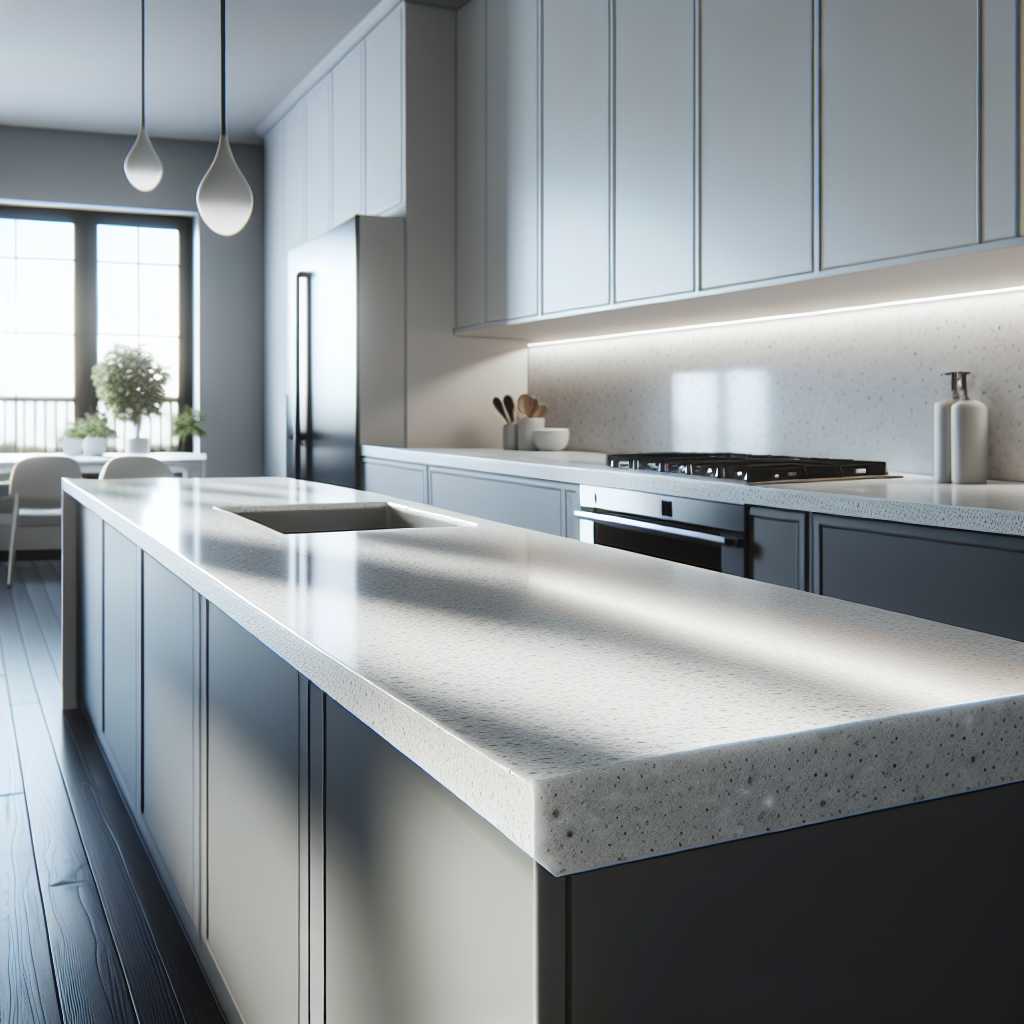 Modern kitchen with white and gray quartz countertops showcasing their durability and smooth texture.