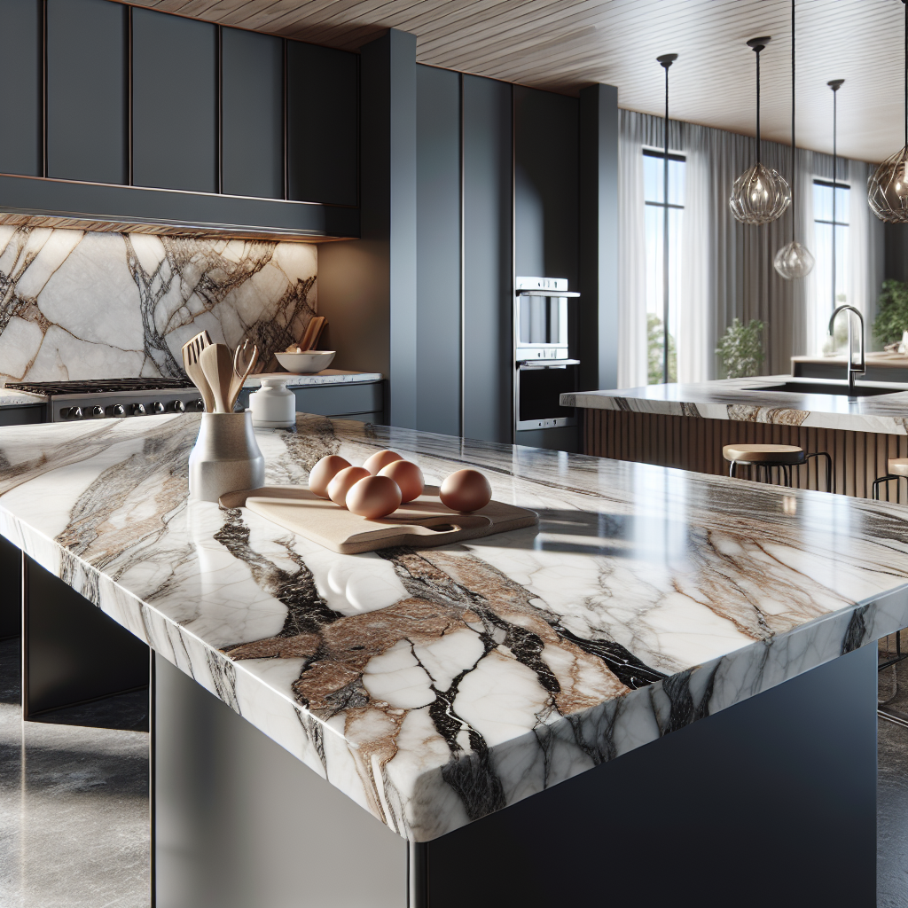 A modern kitchen with custom marble countertops showcasing unique veining and natural coloration, illustrating luxury and durability.