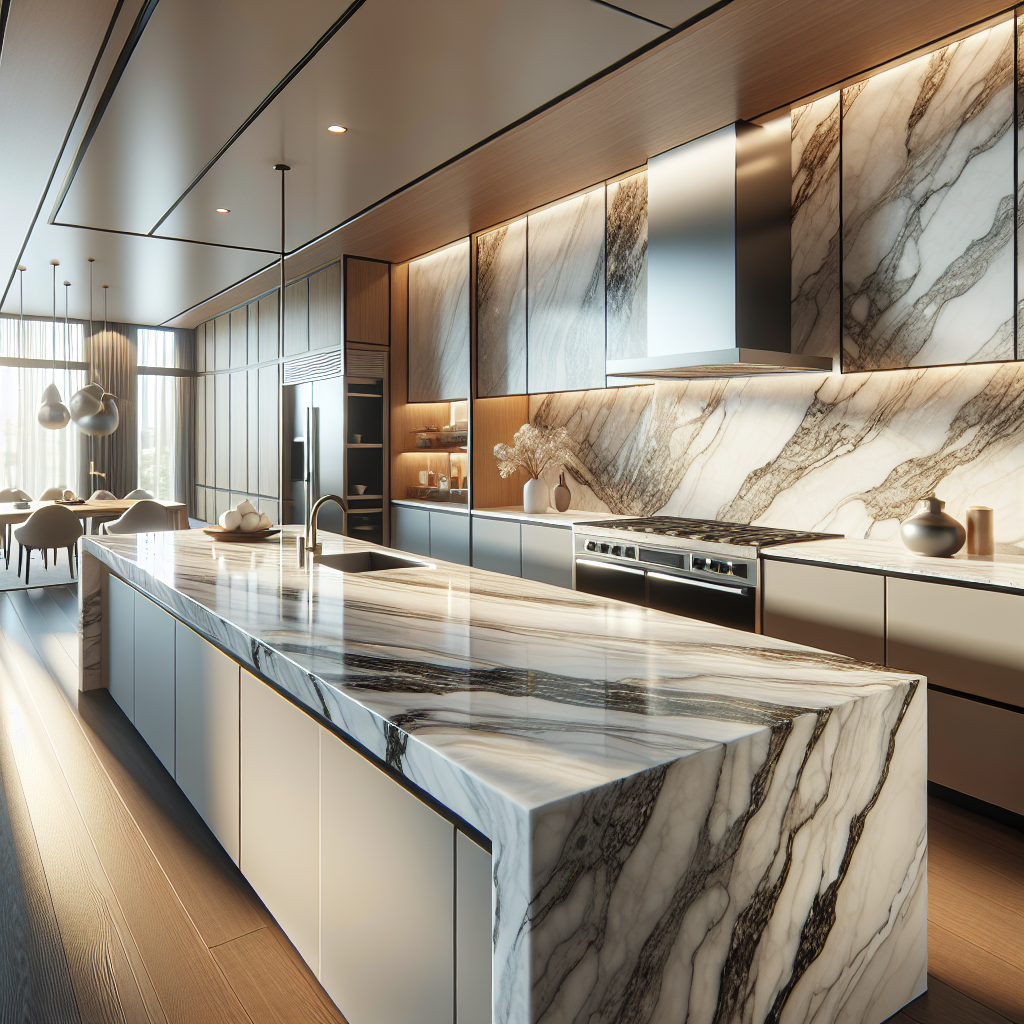 A modern kitchen with custom marble countertops featuring distinct veining and a polished finish, under warm lighting.