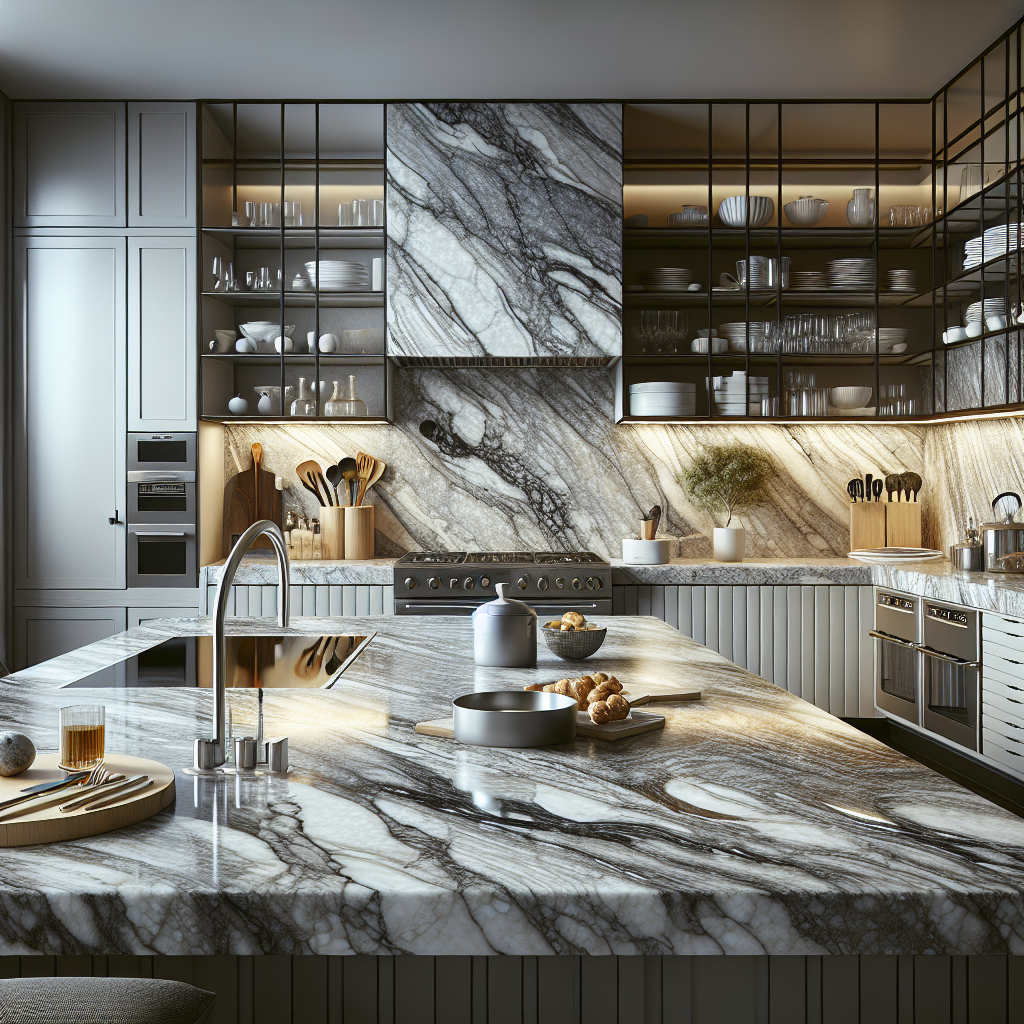 A luxurious kitchen with custom marble countertops showcasing their natural beauty and durability.