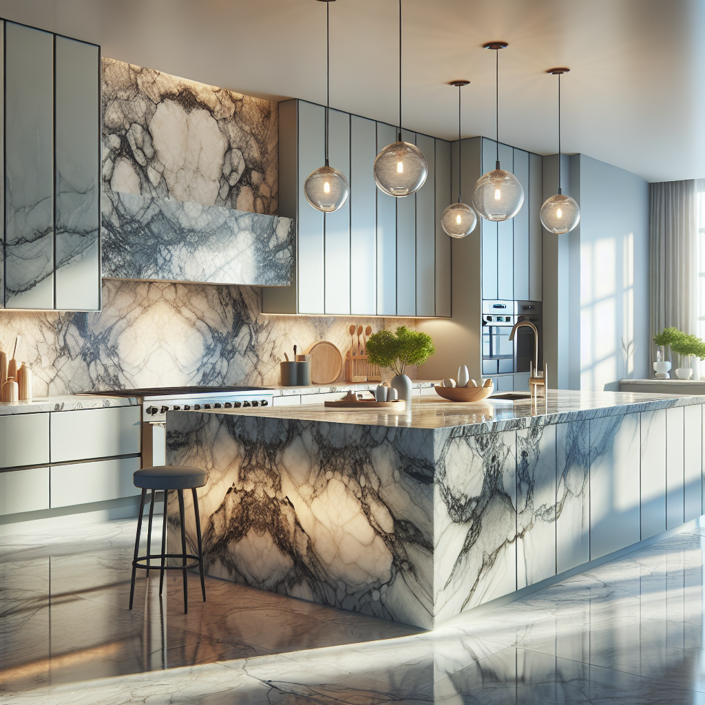 Custom marble countertops in a modern kitchen showing unique veining and coloration.