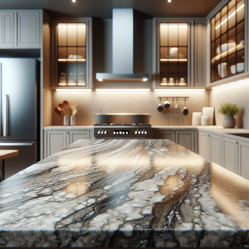 A realistic kitchen with polished granite countertops featuring a unique earthy pattern in a modern, well-lit setting.