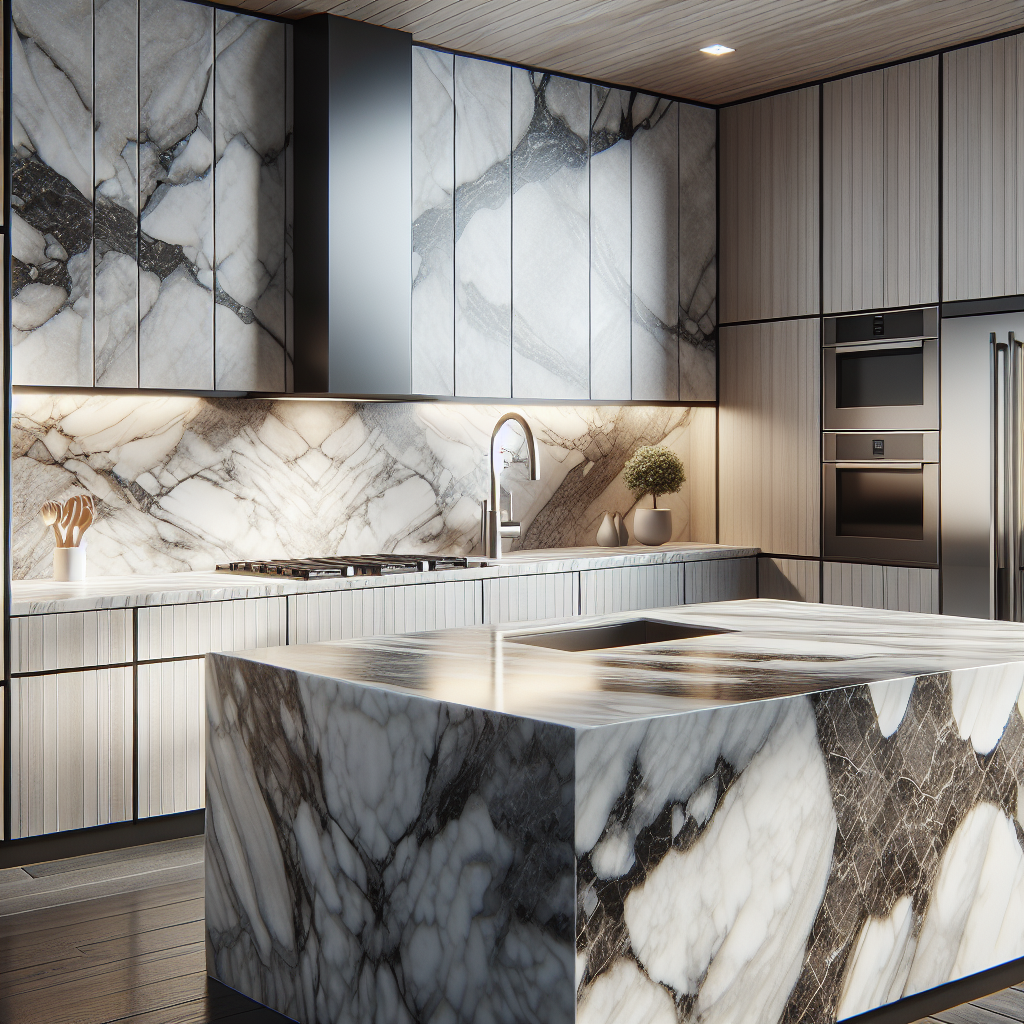 Modern kitchen with marble countertops featuring natural veining and intricate patterns in various colors.