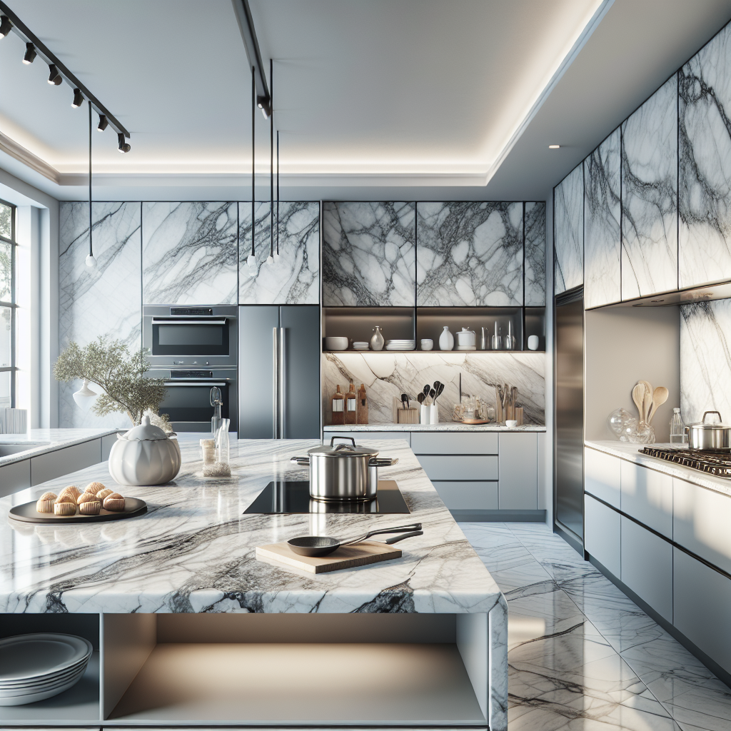 A modern kitchen showcasing beautiful white and grey marble countertops.