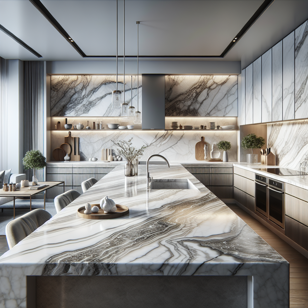 A luxurious modern kitchen featuring white marble countertops with natural veining and intricate patterns.