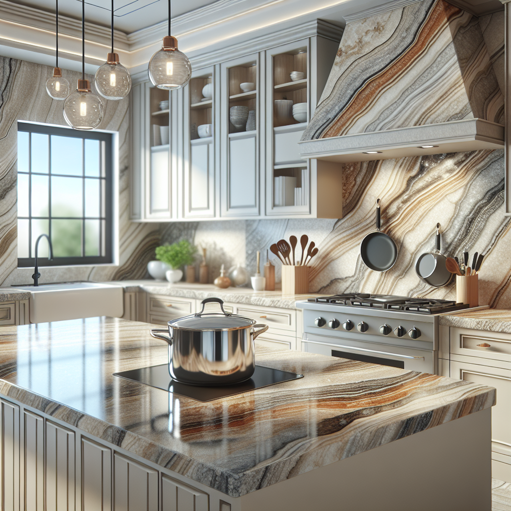 A modern kitchen with granite countertops showcasing durability and unique patterns.