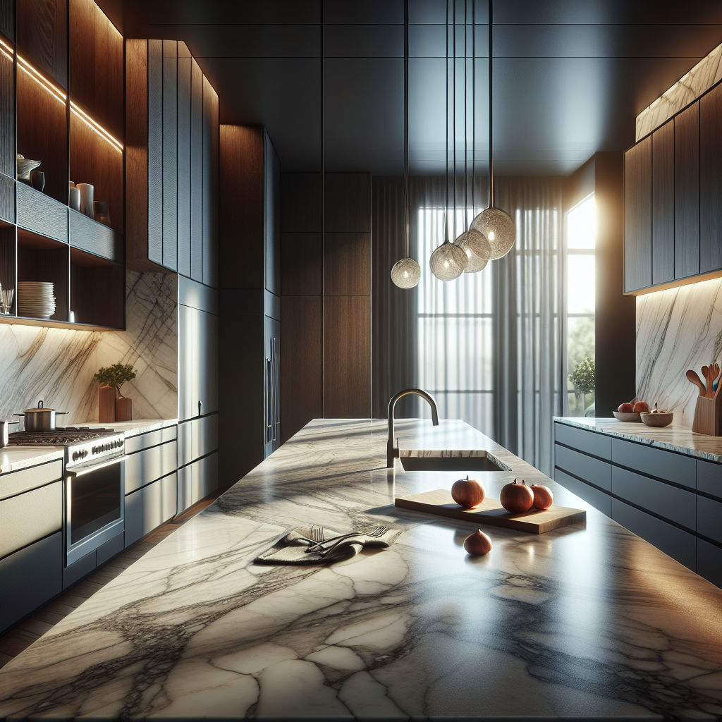 A modern kitchen with stone countertops demonstrating their beauty, durability, and natural patterns.