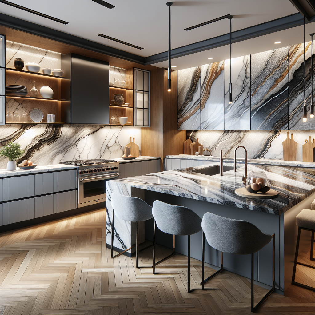 A modern kitchen with stone countertops made of granite, quartz, and porcelain.