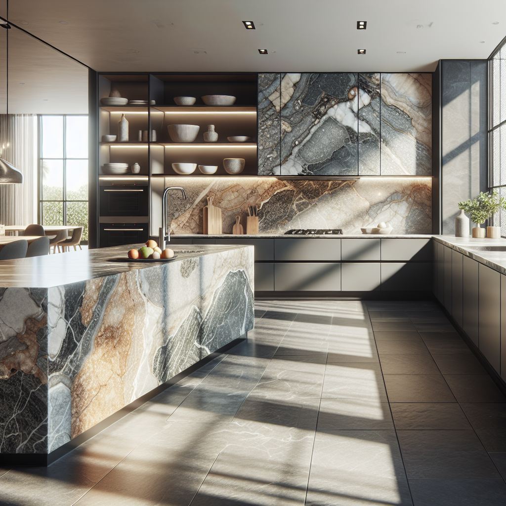 Modern kitchen with various stone countertops made of granite, quartz, and porcelain.