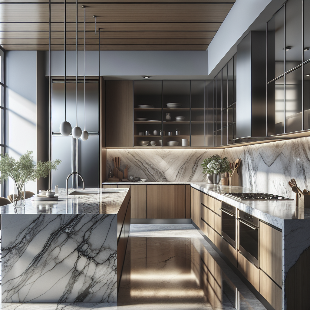 A realistic kitchen with marble countertops, showcasing natural veining and luxurious design.