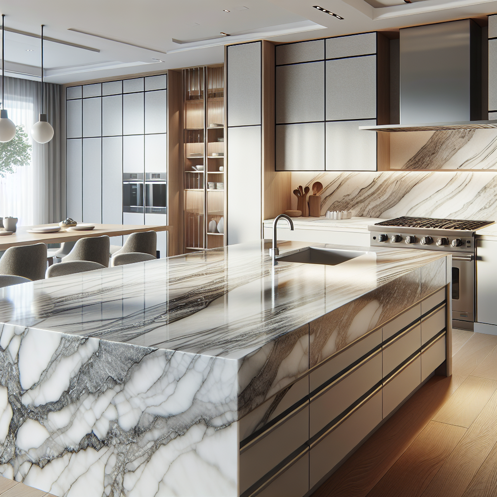 A modern kitchen with elegant marble countertops showcasing natural veining and unique patterns in shades of white and gray.