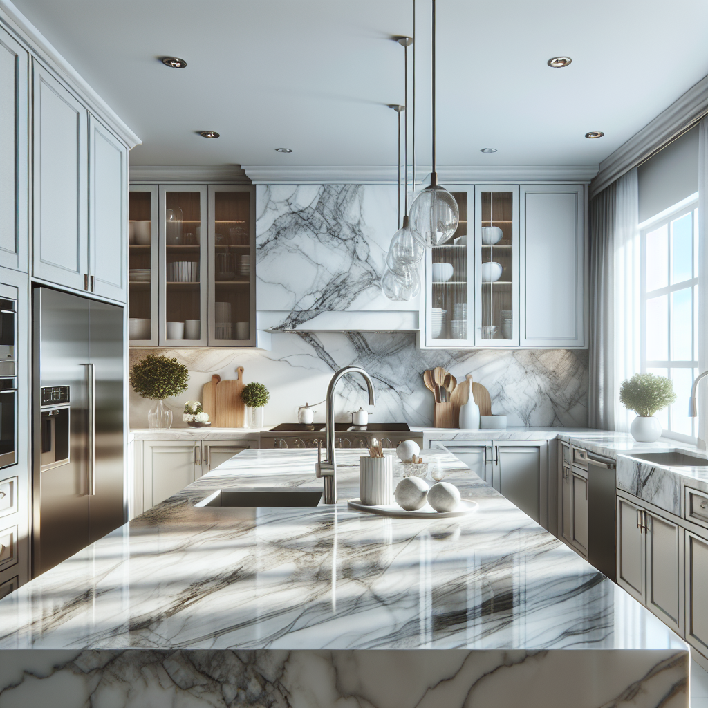 A modern kitchen with elegant marble countertops highlighted by natural lighting and surrounded by wooden cabinets.