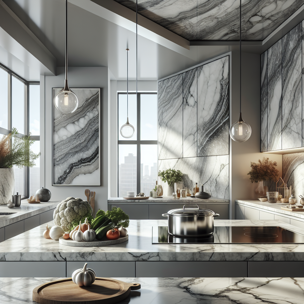 A modern kitchen with luxurious marble countertops, reflecting natural light, and featuring kitchen elements like a stovetop, cutting board, and vase with flowers.