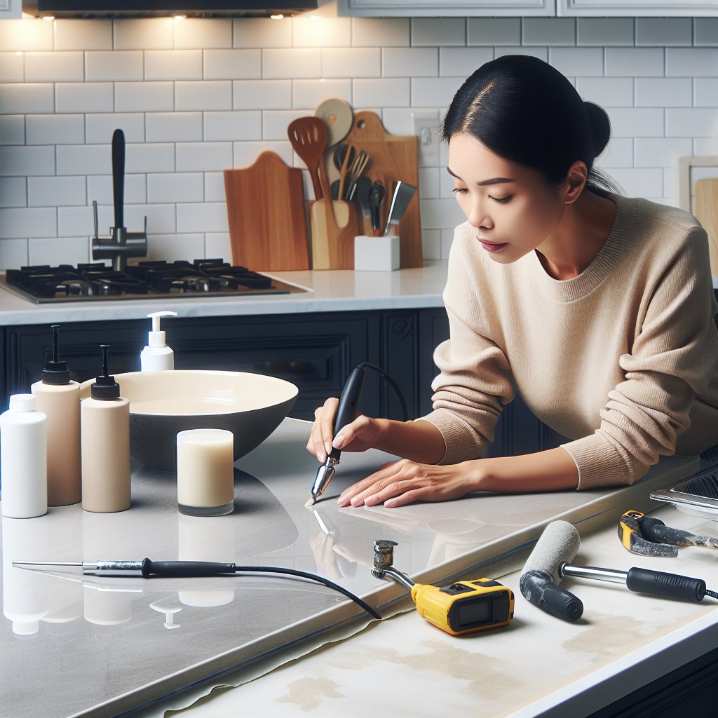 A modern kitchen showing the countertop resurfacing process with a professional applying a fresh finish.