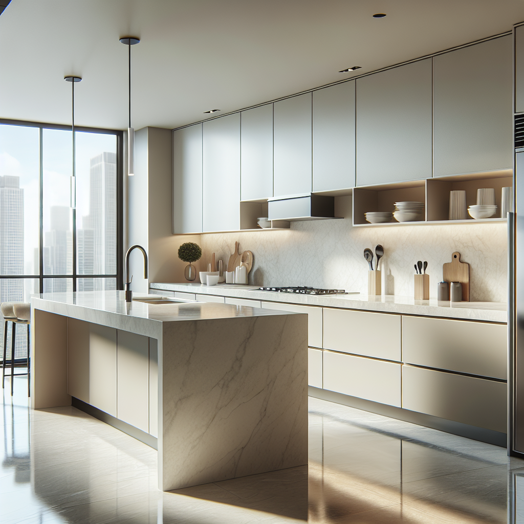 Modern kitchen with a newly resurfaced countertop, smooth and polished in light neutral color, with natural light flooding in.