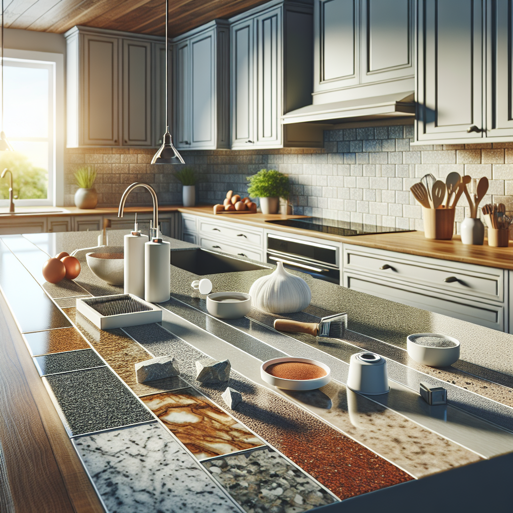 A modern kitchen with resurfaced granite countertops, tools, and materials highlighting the benefits of countertop resurfacing.