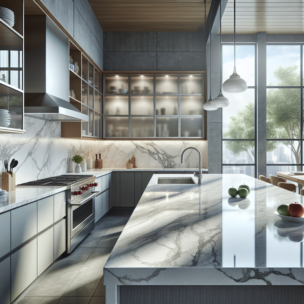 A modern kitchen with quartz countertops featuring a polished white and grey marbled design.