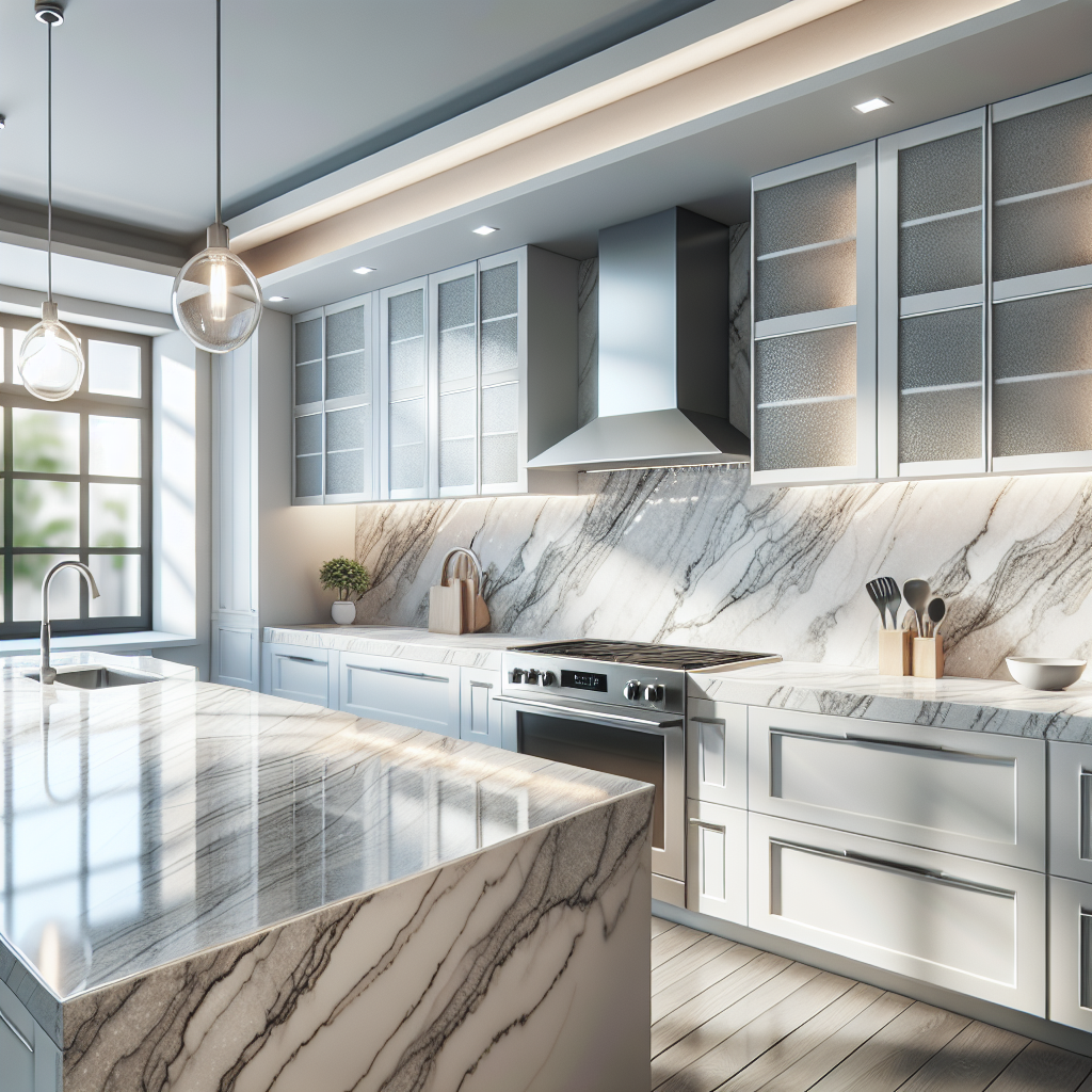 A modern kitchen with elegant quartz countertops featuring a subtle white and grey veined pattern.