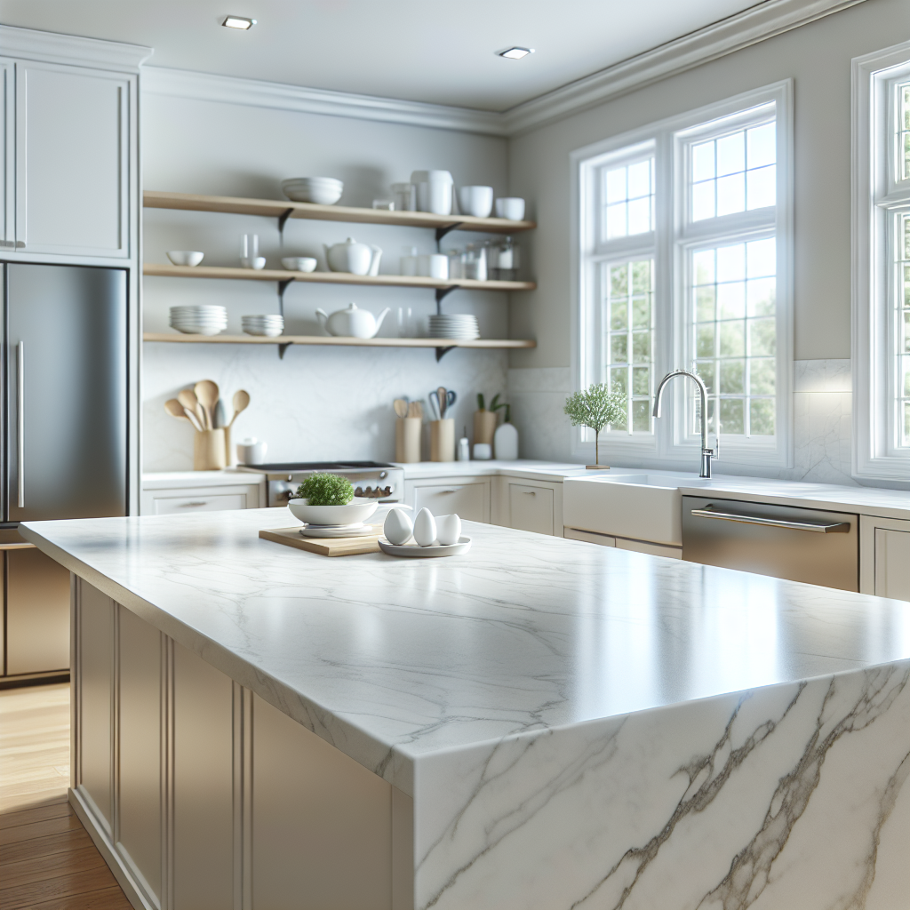 A modern kitchen with white quartz countertops, highlighting their smooth and polished appearance.