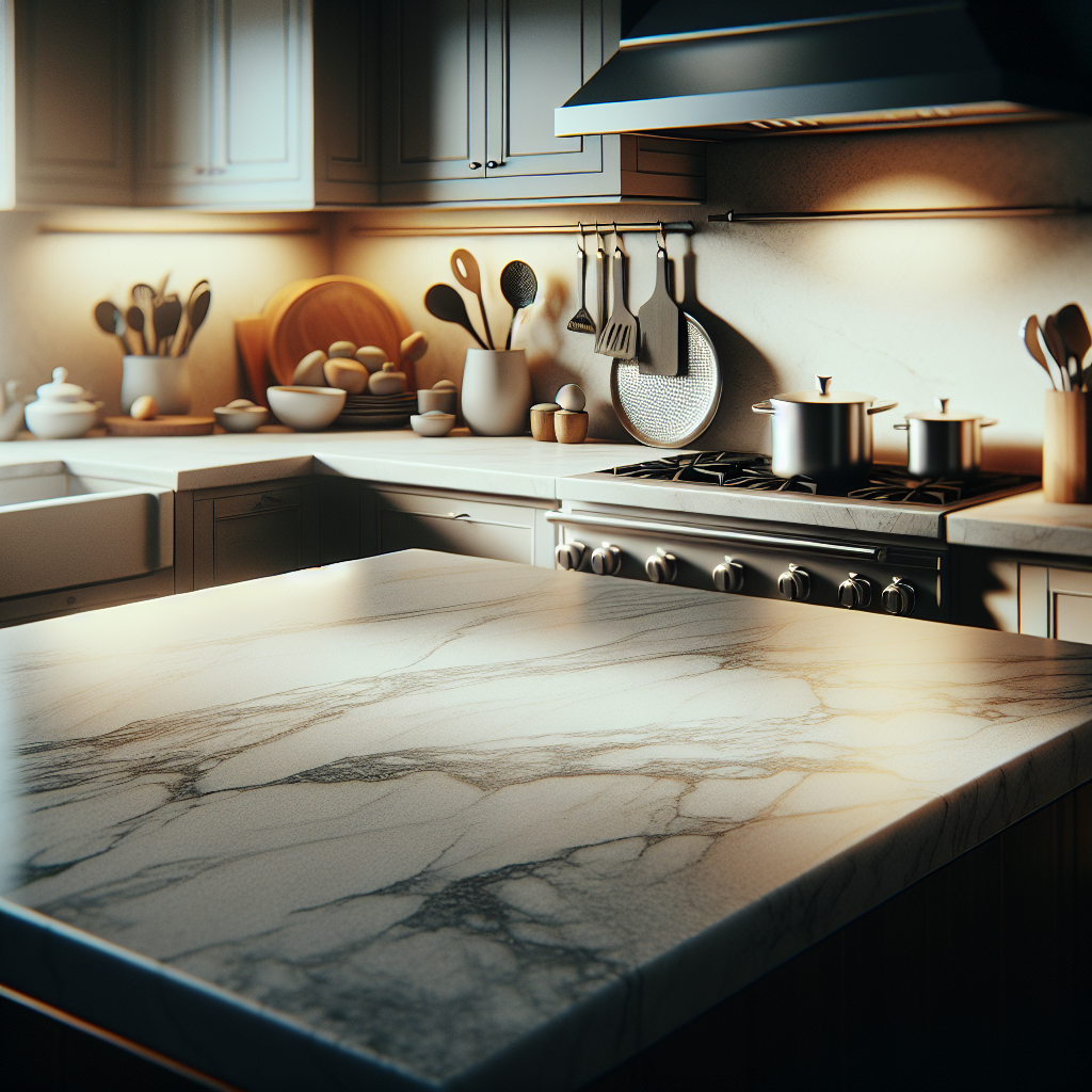 A realistic kitchen scene highlighting a durable countertop made of granite, porcelain, or quartz, showing signs of daily use, with typical kitchen elements in the background.