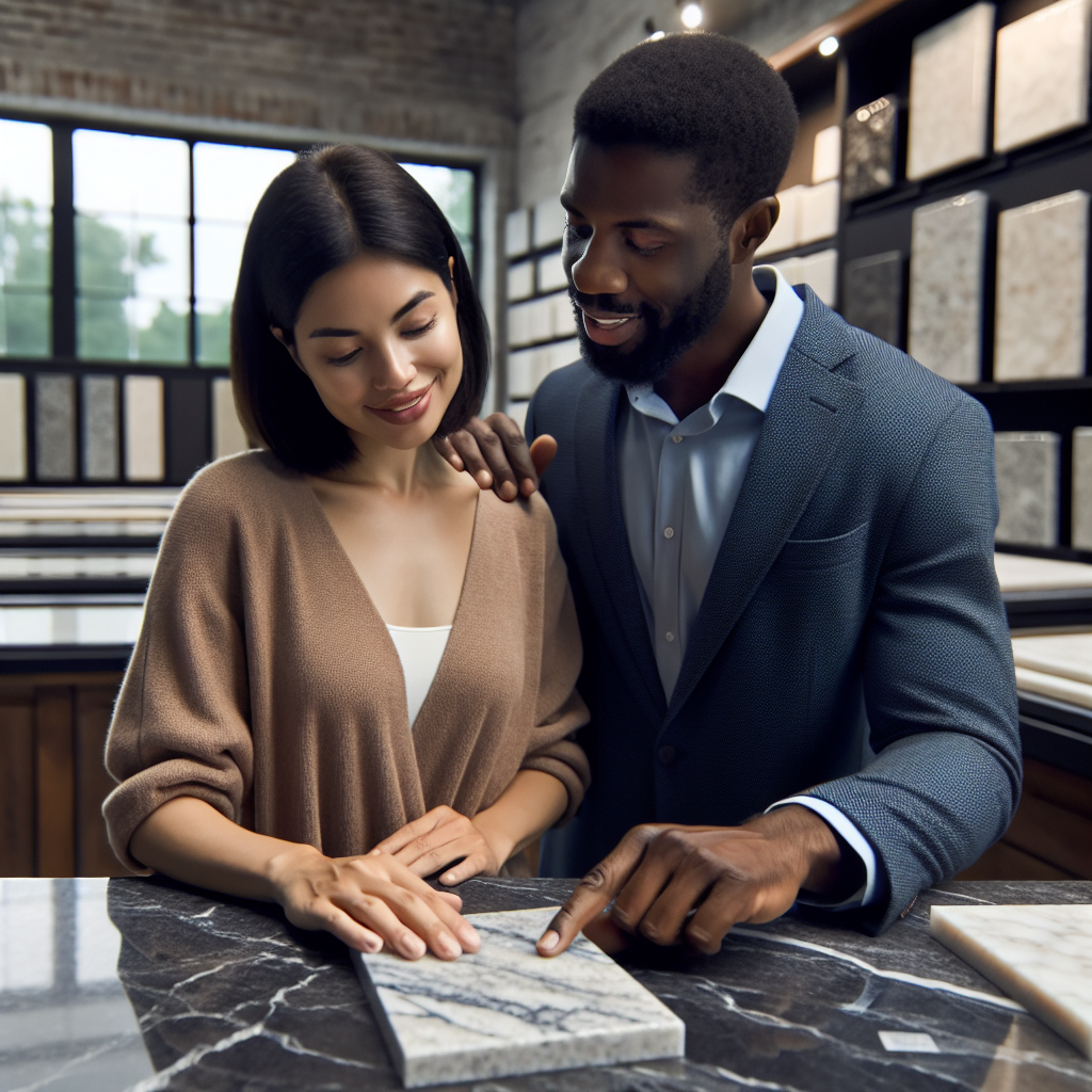 Customer inspecting a marble countertop sample in a well-lit kitchen showroom with a friendly sales representative.