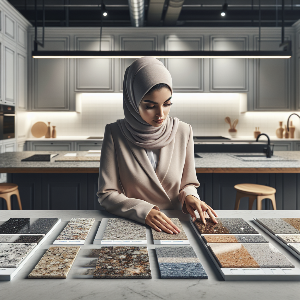 A person examining various countertop samples in a modern kitchen showroom.