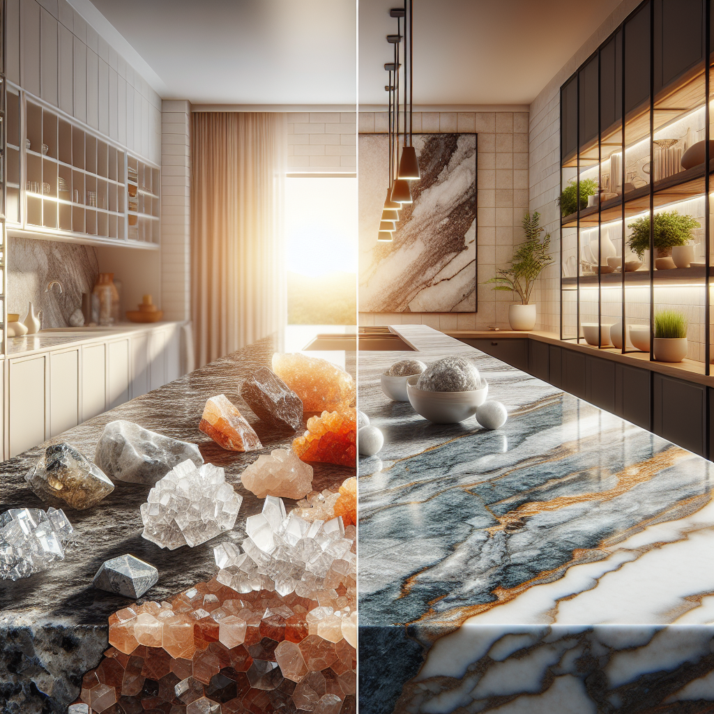 Comparison between granite and quartz countertops showcasing their different compositions.