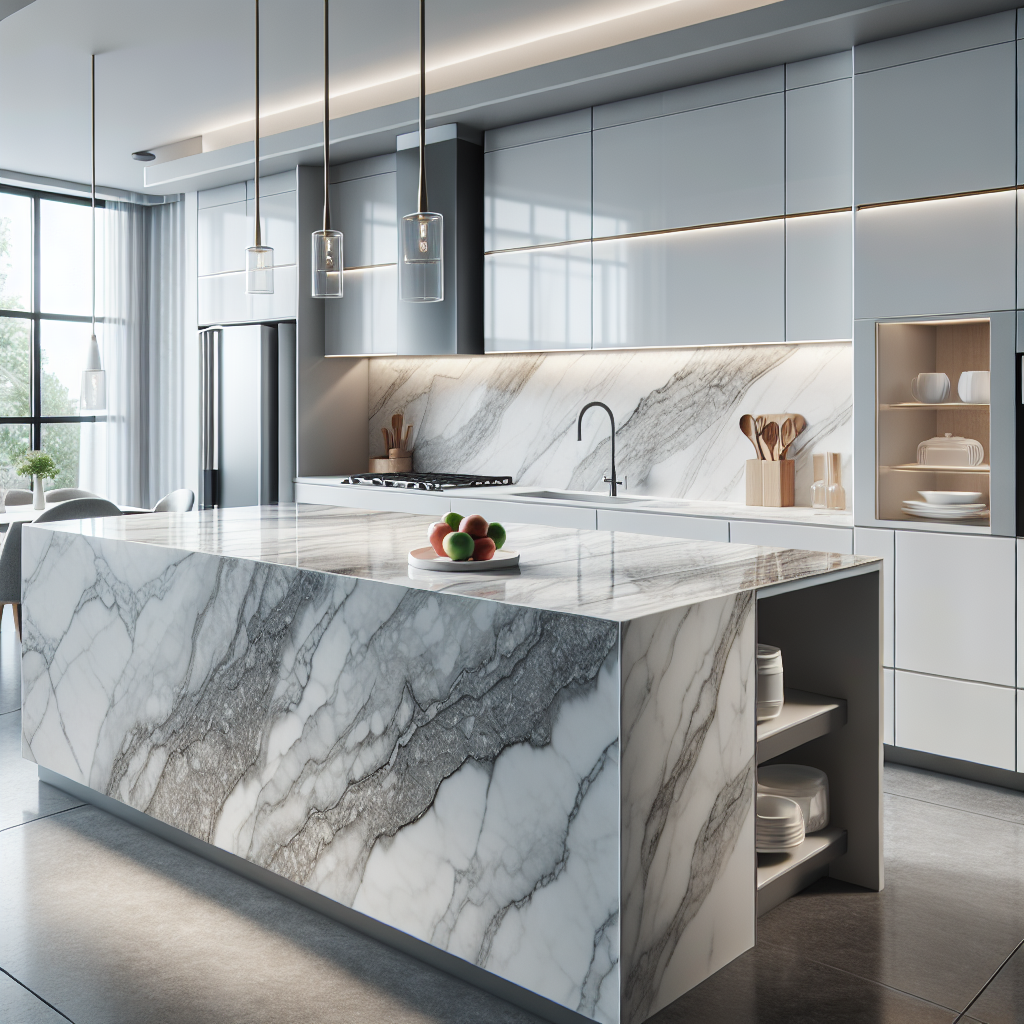 A modern kitchen with sleek quartz countertops. The countertops have a white and grey veined pattern, showcasing their durability and aesthetic versatility in a clean, bright environment.