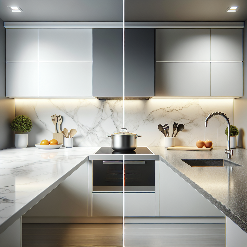 Realistic comparison between porcelain and quartz countertops in a modern kitchen showing their durability and maintenance features.