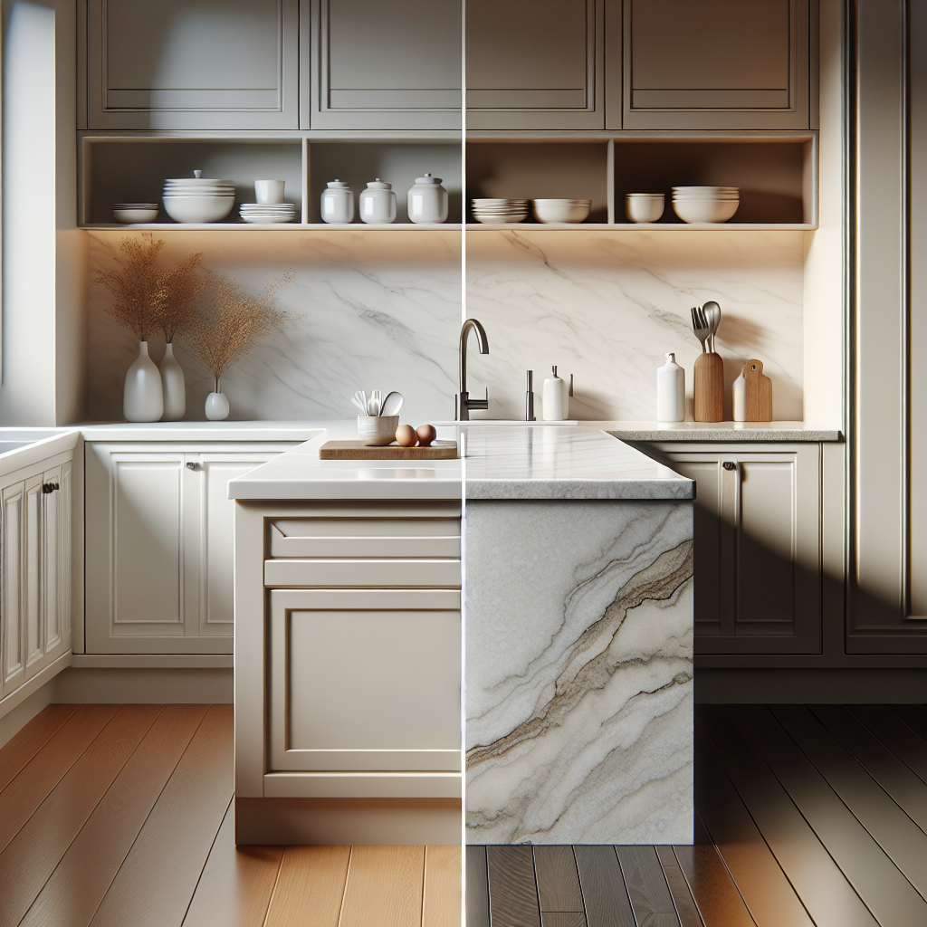 A comparison of porcelain and quartz kitchen countertops, highlighting their durability and maintenance features.