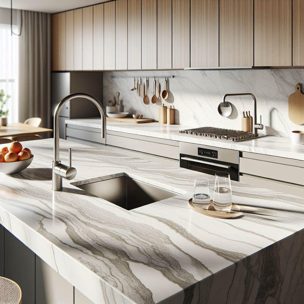 Modern kitchen featuring a clean, polished quartz countertop highlighting its durability and non-porous nature.