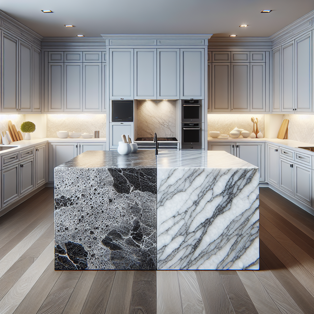 A comparison image of granite and quartz countertop samples in a modern kitchen setting.