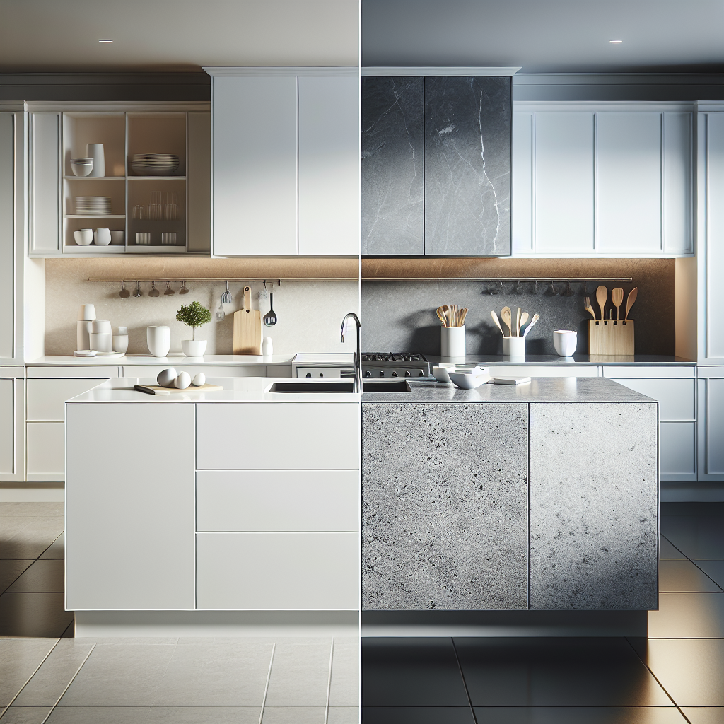 Comparison image of porcelain and quartz countertops in a modern kitchen.