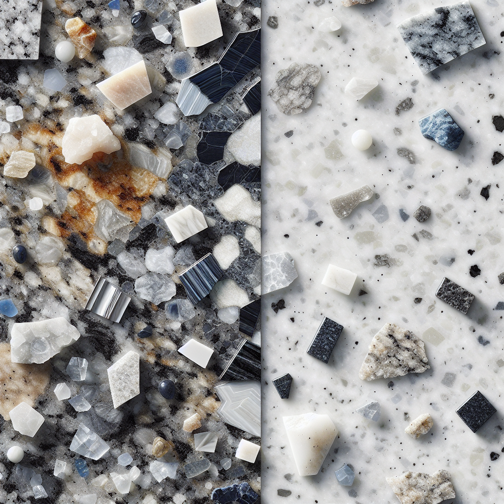 Comparative image of granite and quartz countertops highlighting their unique textures and patterns.