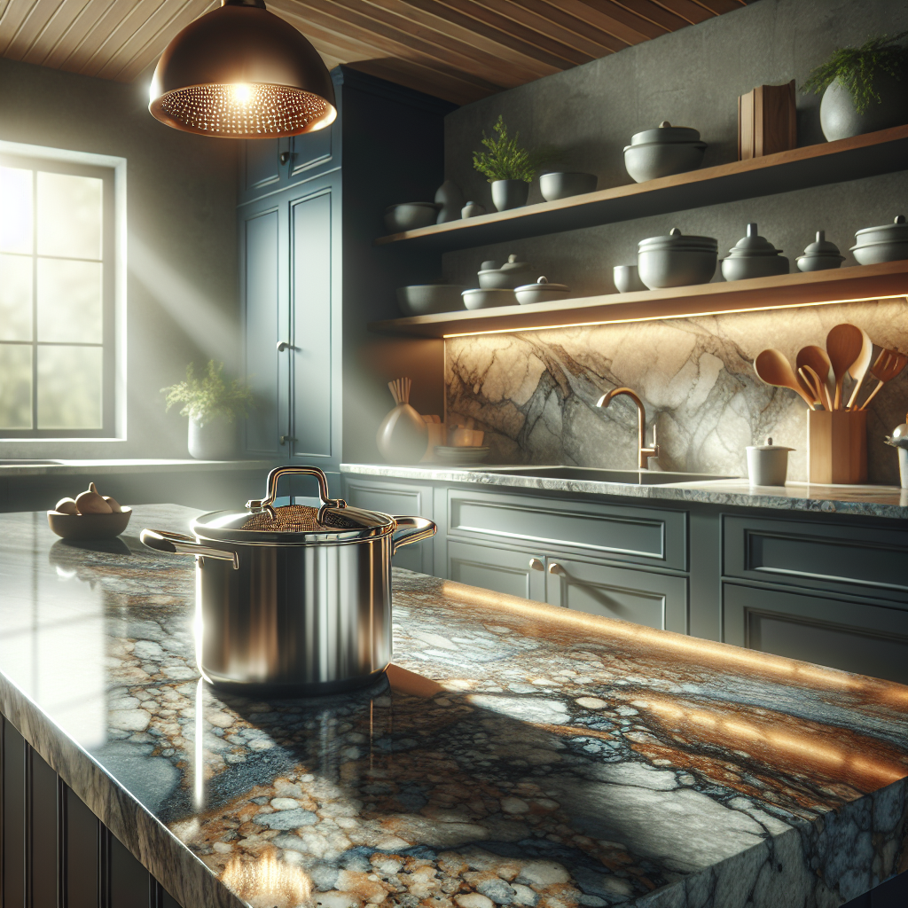 A modern kitchen with a granite countertop, showcasing its natural pattern, heat resistance, and durability with a hot pot placed on it.