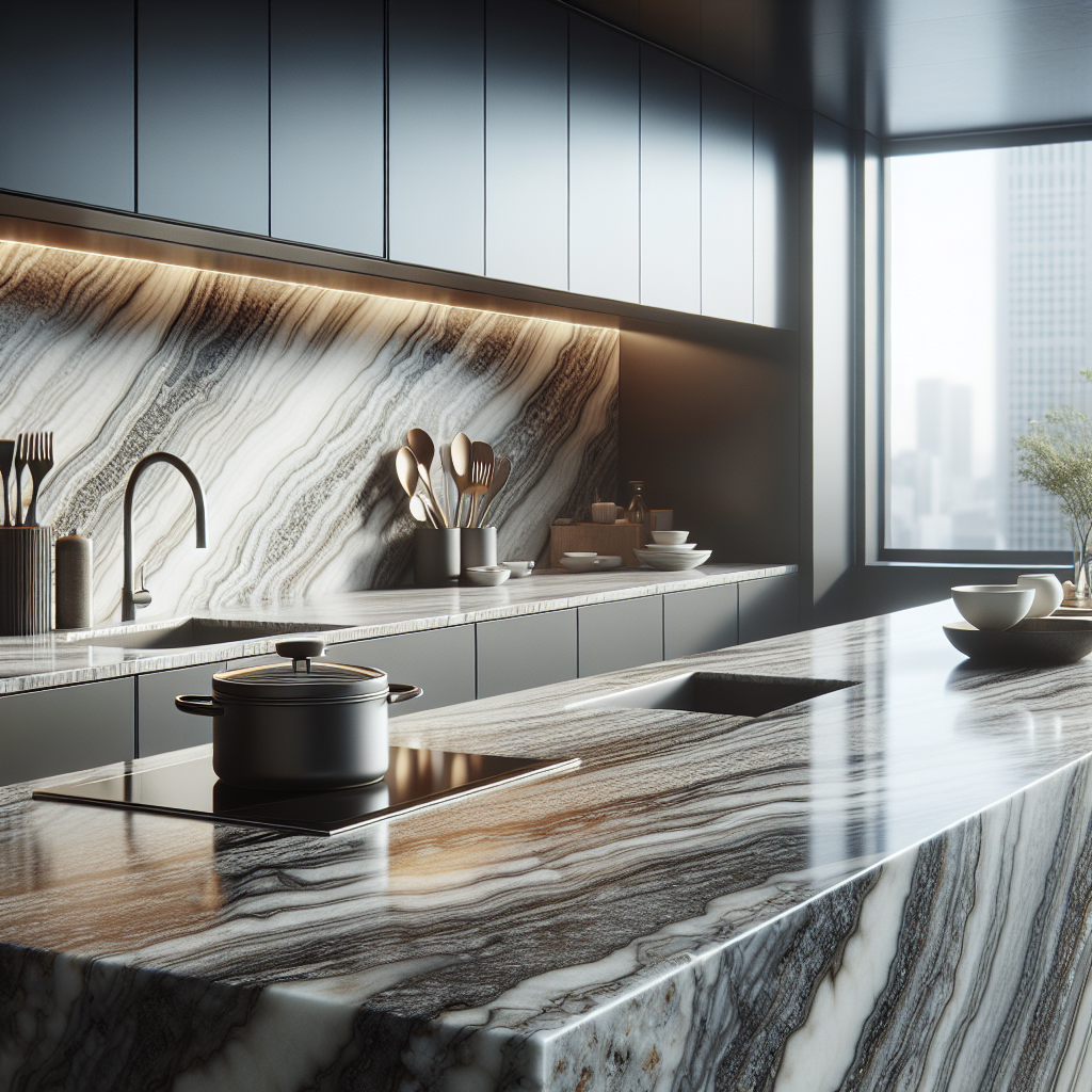 A pristine granite countertop in a modern kitchen setting, highlighting its natural patterns and heat resistance.